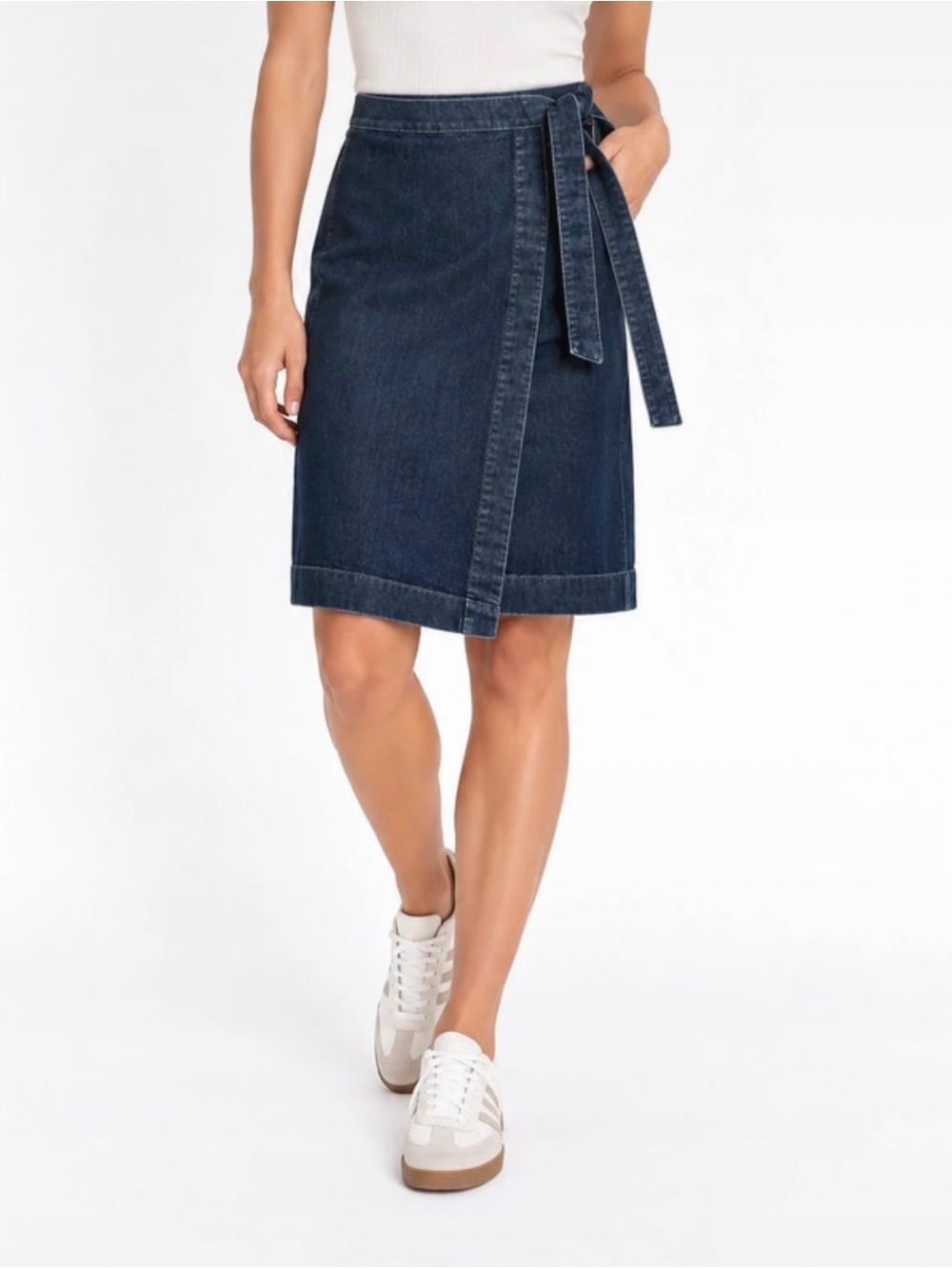 LOFT Dark Wash Denim Wrap Midi Skirt - Navy Blue